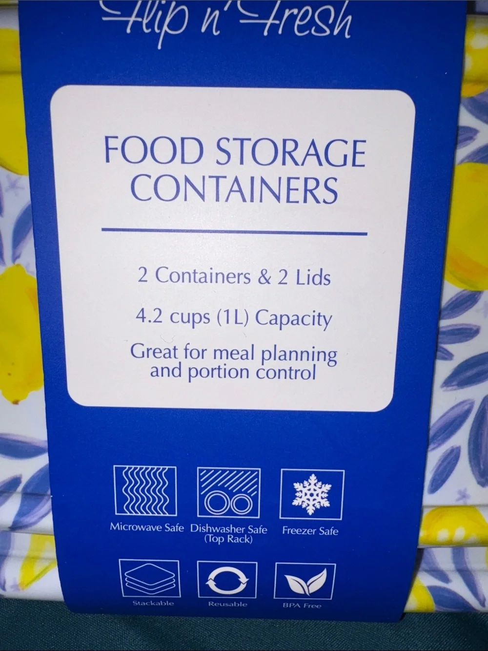 2 pk of 2 - Lemon Pattern Food Storage Containers - Yellow & Blue (4 Sets)